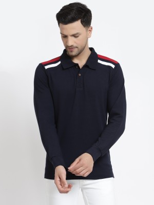 KALT Striped Men Polo Neck Blue T-Shirt