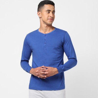 Ajile By Pantaloons Solid Men Henley Neck Blue T-Shirt