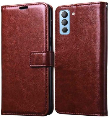 Luxury Counter Flip Cover for Tecno Pop 5 Pro Premium Quality |Dual Stiched |Complete Protection| Back Cover(Brown, Dual Protection, Pack of: 1)