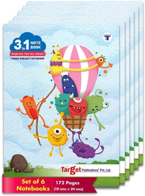 Target Publications 3 in 1 Notebooks |Single Line, Four Line & Maths Square|18x24cm| 58 GSM|Set of 6 Regular Notebook Ruled 172 Pages(Multicolor, Pack of 6)