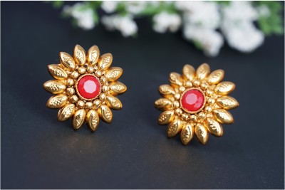 TAP Fashion Gold plated Floral Red Stone Studs Earring With Floral Finger Ring for Women Cubic Zirconia Copper Stud Earring