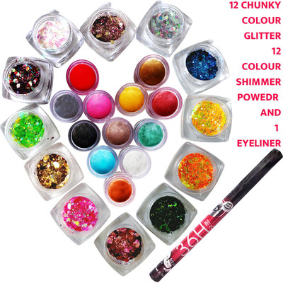 vizo Eye-shadow 12 Color Chunky Glitter, 12 Color Shimmer Powder with Eyeliner 30 g(Multicolor)