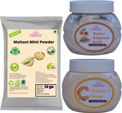 pmetic 50Gm Multani mitti powder,200Gm Vitamin-C Cream,200Gm Walnut & Appeicot Scrub(450 g)