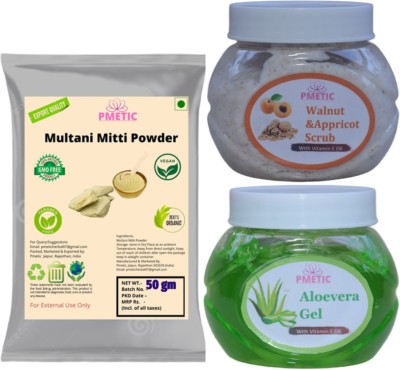 pmetic 50Gm Multani mitti powder,200Gm Walnut & Appricot Scrub,200Gm Aloevera Gel(450 g)