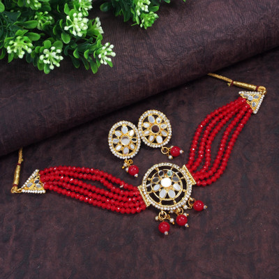 Dhirajart Alloy Gold-plated Red, Gold, White Jewellery Set(Pack of 1)