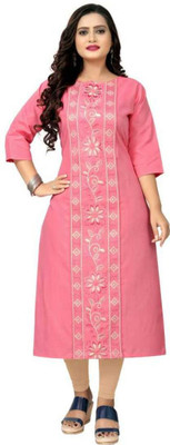 Ladylaz Women Embroidered A-line Kurta(Pink)