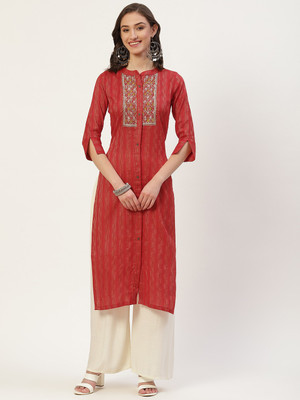 vaaba Women Embroidered Straight Kurta(Red)