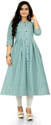 Ladylaz Women Striped A-line Kurta(Green)
