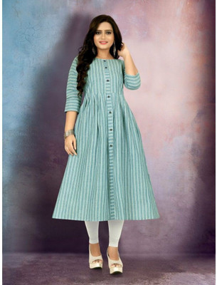 Ladylaz Women Striped A-line Kurta(Green)