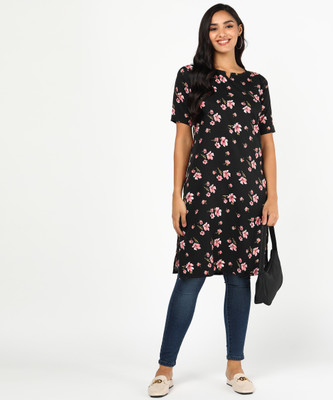 VAHSON Women Printed, Floral Print A-line Kurta(Black)