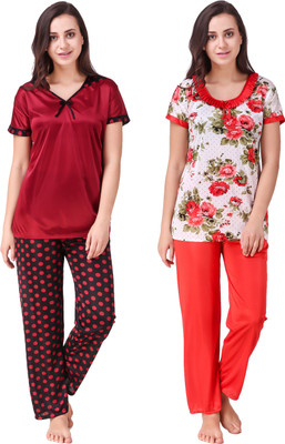 YUALIN CREATION Women Printed Red Night Suit Set