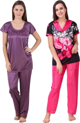 YUALIN CREATION Women Printed Pink, Purple Top & Pyjama Set