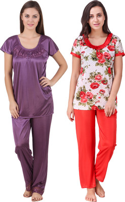 YUALIN CREATION Women Floral Print Red Night Suit Set