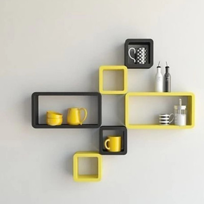 TFS Cube Shape Floating Wall Mounted Shelf MDF (Medium Density Fiber) Wall Shelf(Number of Shelves - 6, Yellow, Black)