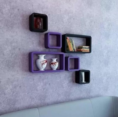 TFS Cube Shape Floating Wall Mounted Shelf MDF (Medium Density Fiber) Wall Shelf(Number of Shelves - 6, Purple, Black)