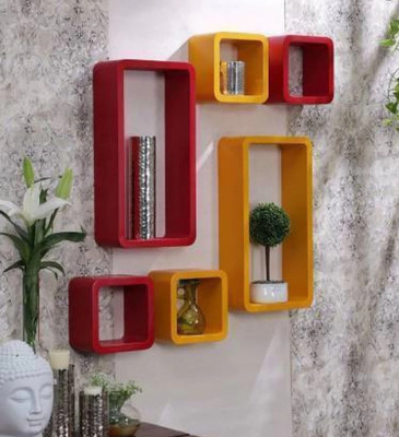 TFS Cube Shape Floating Wall Mounted Shelf MDF (Medium Density Fiber) Wall Shelf(Number of Shelves - 6, Yellow, Red)