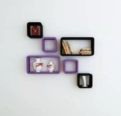 TFS Cube Shape Floating Wall Mounted Shelf Rack Storage Unit MDF (Medium Density Fiber) Wall Shelf(Number of Shelves - 6, Purple, Black)