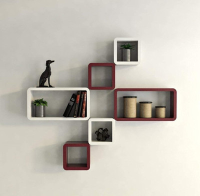 TFS Cube Shape Floating Wall Mounted Shelf MDF (Medium Density Fiber) Wall Shelf(Number of Shelves - 6, White, Brown)