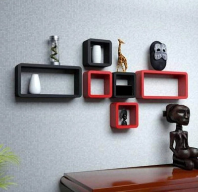 TFS Cube Shape Floating Wall Mounted Shelf MDF (Medium Density Fiber) Wall Shelf(Number of Shelves - 6, Red, Black)