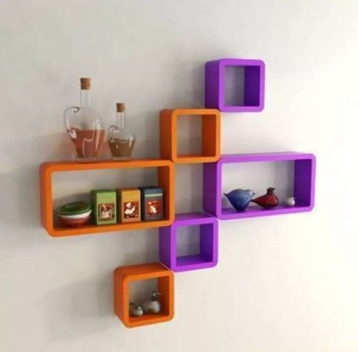 TFS Cube Shape Floating Wall Mounted Shelf MDF (Medium Density Fiber) Wall Shelf(Number of Shelves - 6, Orange, Purple)