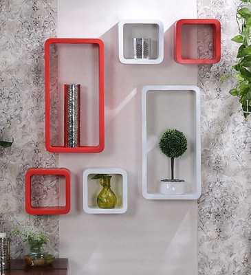 TFS MDF (Medium Density Fiber) Wall Shelf(Number of Shelves - 6, White, Red)