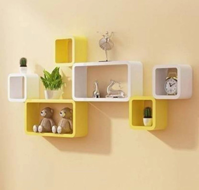 TFS Cube Shape Floating Wall Mounted Shelf MDF (Medium Density Fiber) Wall Shelf(Number of Shelves - 6, Yellow, White)