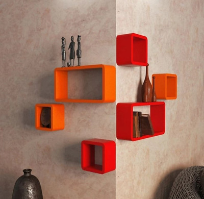 TFS Cube Shape Floating Wall Mounted Shelf Rack Storage Unit MDF (Medium Density Fiber) Wall Shelf(Number of Shelves - 6, Red, Orange)