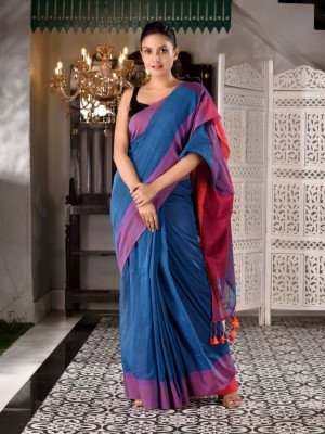 charukriti Color Block Handloom Pure Cotton Saree(Blue)