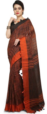 Mystory Woven Tant Handloom Pure Cotton Saree(Black, Orange)