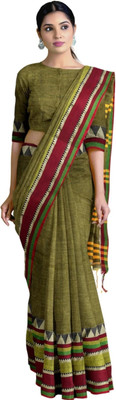 AjoyDas Striped Handloom Pure Cotton Saree(Green)