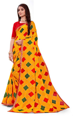 Shiv Hari Printed Bandhani Georgette, Lace Saree(Yellow)