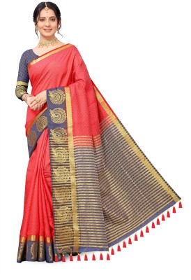 ARNOYA CREATION Woven Banarasi Cotton Silk Saree(Red, Blue)