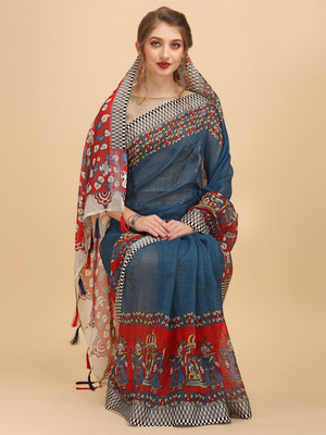 Sangria Printed Bollywood Linen Saree(Blue)