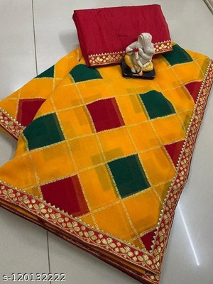 MINE CHOICE Checkered Bandhani Georgette, Silk Blend Saree(Gold)
