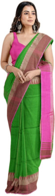 AjoyDas Solid/Plain Handloom Cotton Silk Saree(Green, Pink)