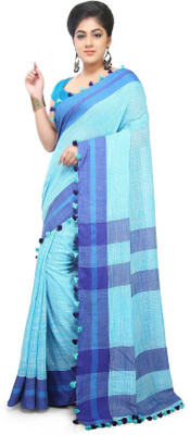 Mystory Self Design Tant Handloom Cotton Blend Saree(Light Blue)