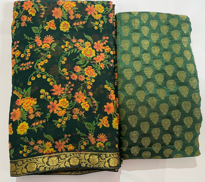 JustEthnic Floral Print Bollywood Chiffon Saree(Dark Green)