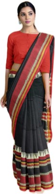 AjoyDas Woven Handloom Cotton Silk Saree(Black)