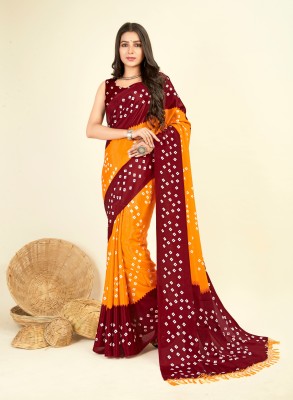 Henzila Printed, Geometric Print, Embellished Bandhani Silk Blend Saree(Maroon, Yellow)