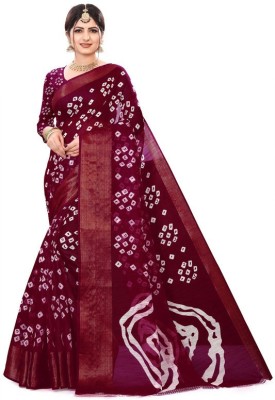 Ditvi Trenz Printed Bandhani Cotton Blend Saree(Maroon)