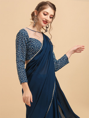 Sangria Color Block Bollywood Satin Saree(Blue)