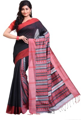 Mystory Woven Jamdani Cotton Linen Saree(Red, Black)