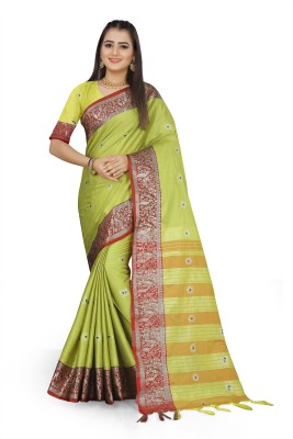 Grubstaker Self Design Kanjivaram Cotton Silk Saree(Dark Green)