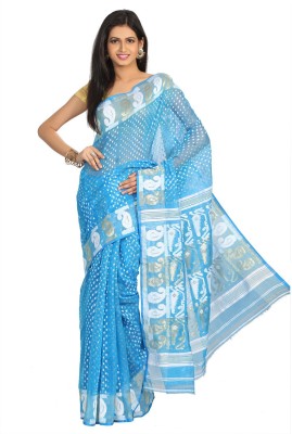 Mystory Woven Jamdani Handloom Cotton Blend Saree(White, Blue)