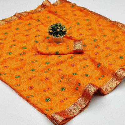 Kanooda Prints Printed Bandhani Georgette Saree(Multicolor)