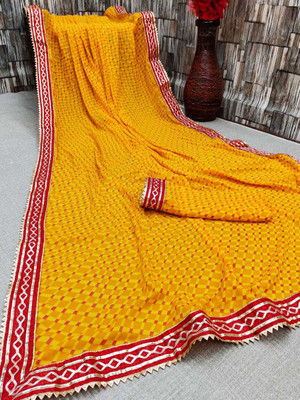 Kanooda Prints Checkered Bollywood Georgette Saree(Yellow)
