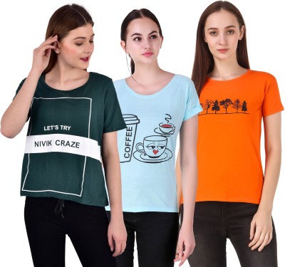 NIVIK Printed Women Round Neck Dark Green, Light Blue, Orange T-Shirt