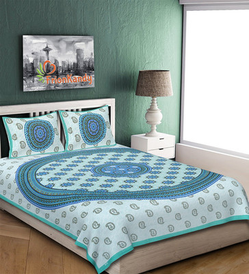 FrionKandy Living Cotton Double Flat 180 TC Printed Bedsheet(Pack of 1, Aqua Blue)