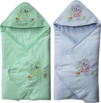 FAVISM Cartoon Single Hooded Baby Blanket for  AC Room(Cotton, Green & Blue)