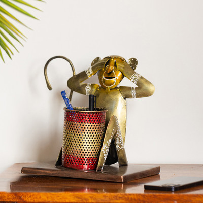 ExclusiveLane 1 Compartments Sheet Metal Pen Stand(Metallic Gold & red)